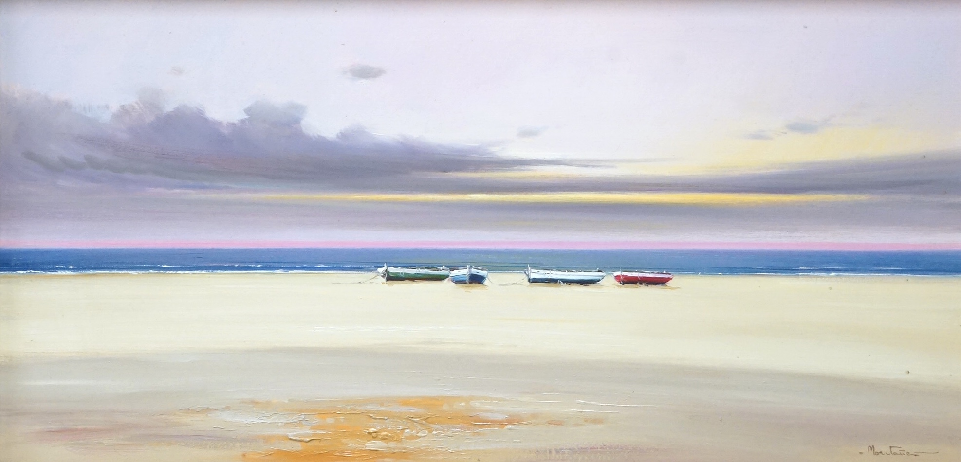 Contemporary oil on canvas, Coastal view with beached fishing boats, indistinctly signed, 39 x 79cm